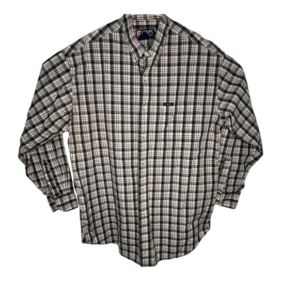 VTG Chaps Ralph Lauren Plaid Button Down Shirt Men's Large Tan Green Cream Brown - Picture 1 of 11